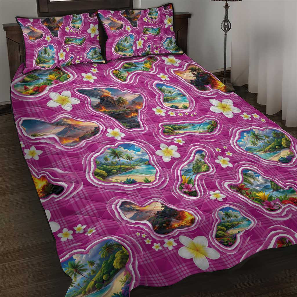 Hawaiian Island Shapes-Iconic Landscape Quilt Bed Set with Plumeria and Palaka Pink Color