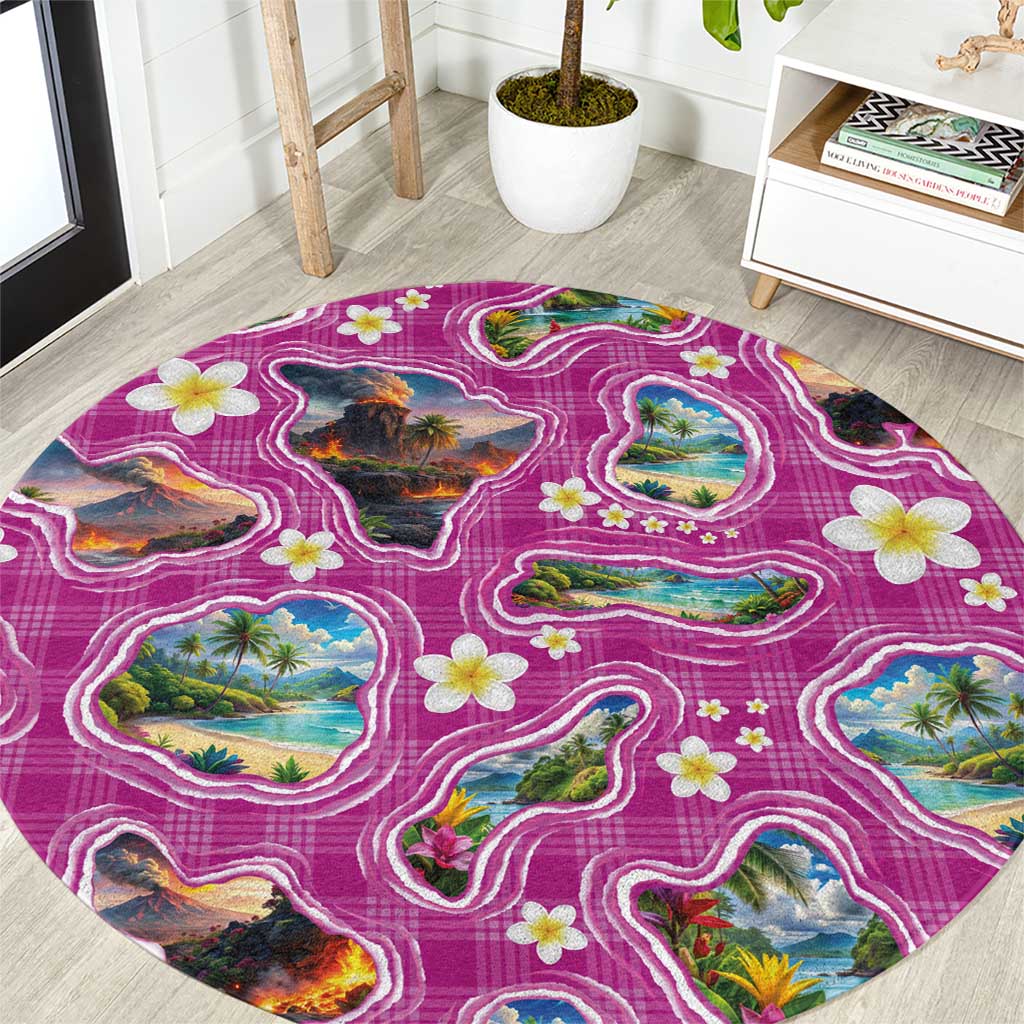 Hawaiian Island Shapes-Iconic Landscape Round Carpet with Plumeria and Palaka Pink Color