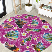 Hawaiian Island Shapes-Iconic Landscape Round Carpet with Plumeria and Palaka Pink Color LT03 Pink - Polynesian Pride