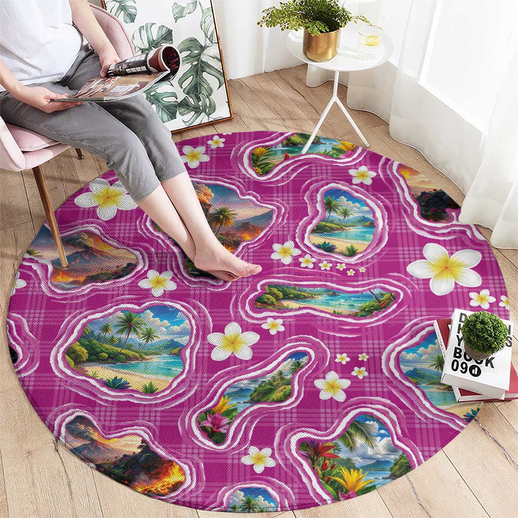 Hawaiian Island Shapes-Iconic Landscape Round Carpet with Plumeria and Palaka Pink Color LT03 - Polynesian Pride