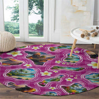 Hawaiian Island Shapes-Iconic Landscape Round Carpet with Plumeria and Palaka Pink Color LT03 - Polynesian Pride