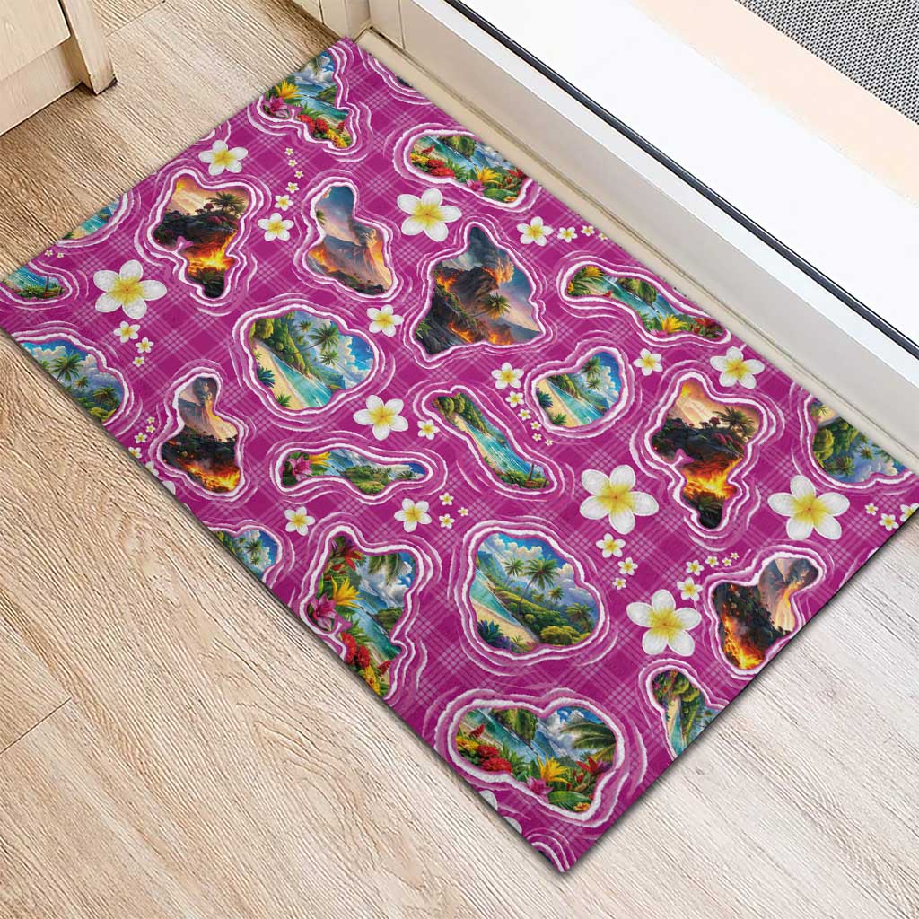 Hawaiian Island Shapes-Iconic Landscape Rubber Doormat with Plumeria and Palaka Pink Color LT03 - Polynesian Pride