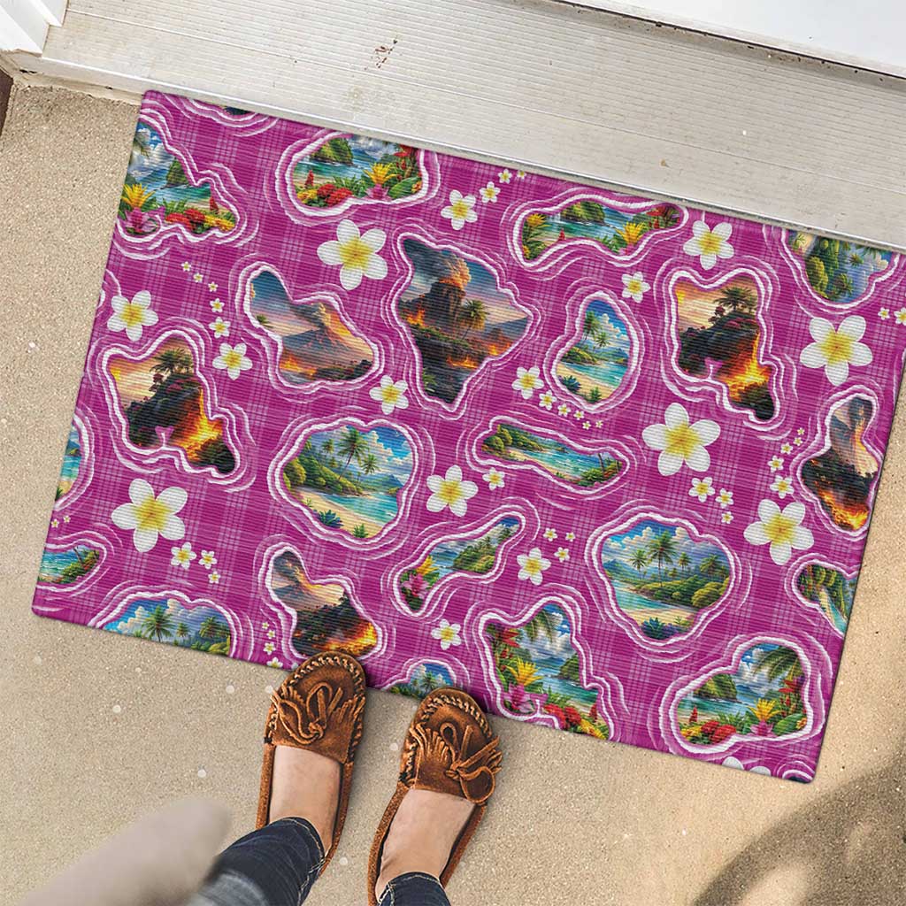 Hawaiian Island Shapes-Iconic Landscape Rubber Doormat with Plumeria and Palaka Pink Color LT03 - Polynesian Pride