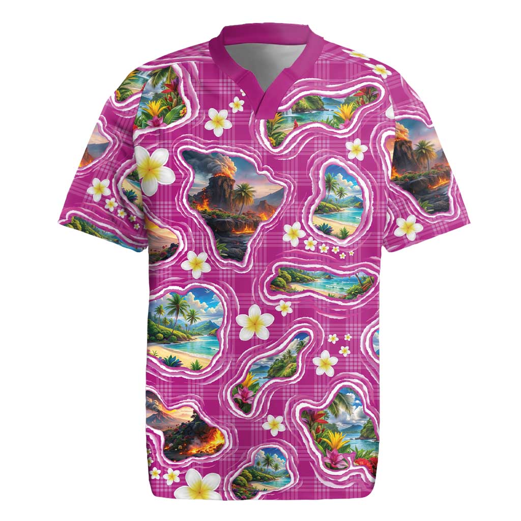 Hawaiian Island Shapes-Iconic Landscape Rugby Jersey with Plumeria and Palaka Pink Color LT03 Pink - Polynesian Pride