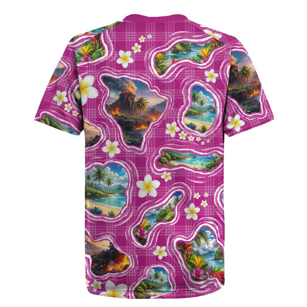 Hawaiian Island Shapes-Iconic Landscape Rugby Jersey with Plumeria and Palaka Pink Color LT03 - Polynesian Pride