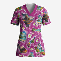 Hawaiian Island Shapes-Iconic Landscape Scrub Top with Plumeria and Palaka Pink Color LT03 Adult Pink - Polynesian Pride