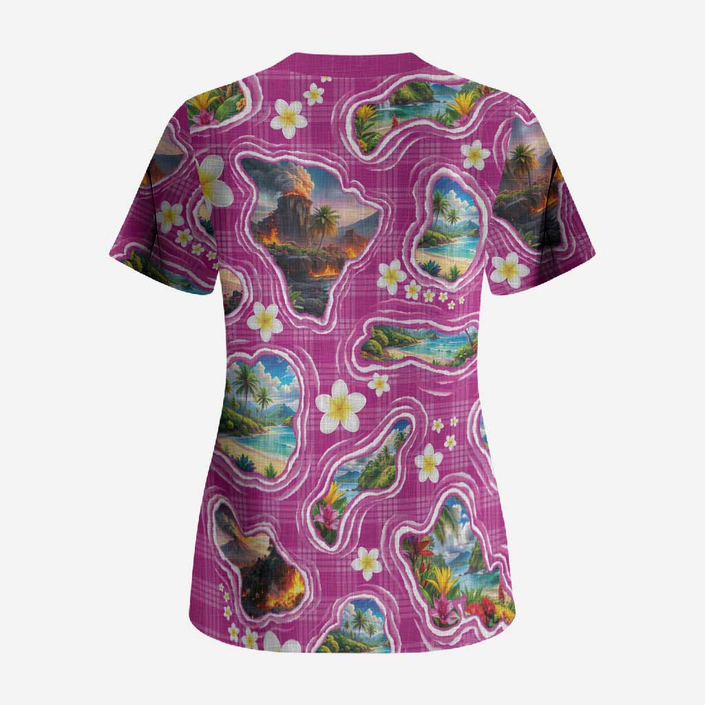 Hawaiian Island Shapes-Iconic Landscape Scrub Top with Plumeria and Palaka Pink Color LT03 - Polynesian Pride