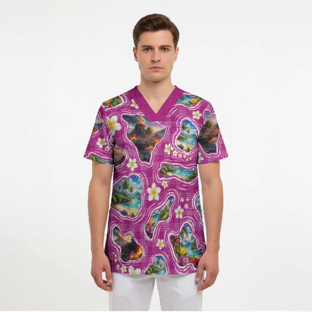 Hawaiian Island Shapes-Iconic Landscape Scrub Top with Plumeria and Palaka Pink Color LT03 - Polynesian Pride