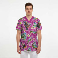 Hawaiian Island Shapes-Iconic Landscape Scrub Top with Plumeria and Palaka Pink Color LT03 - Polynesian Pride