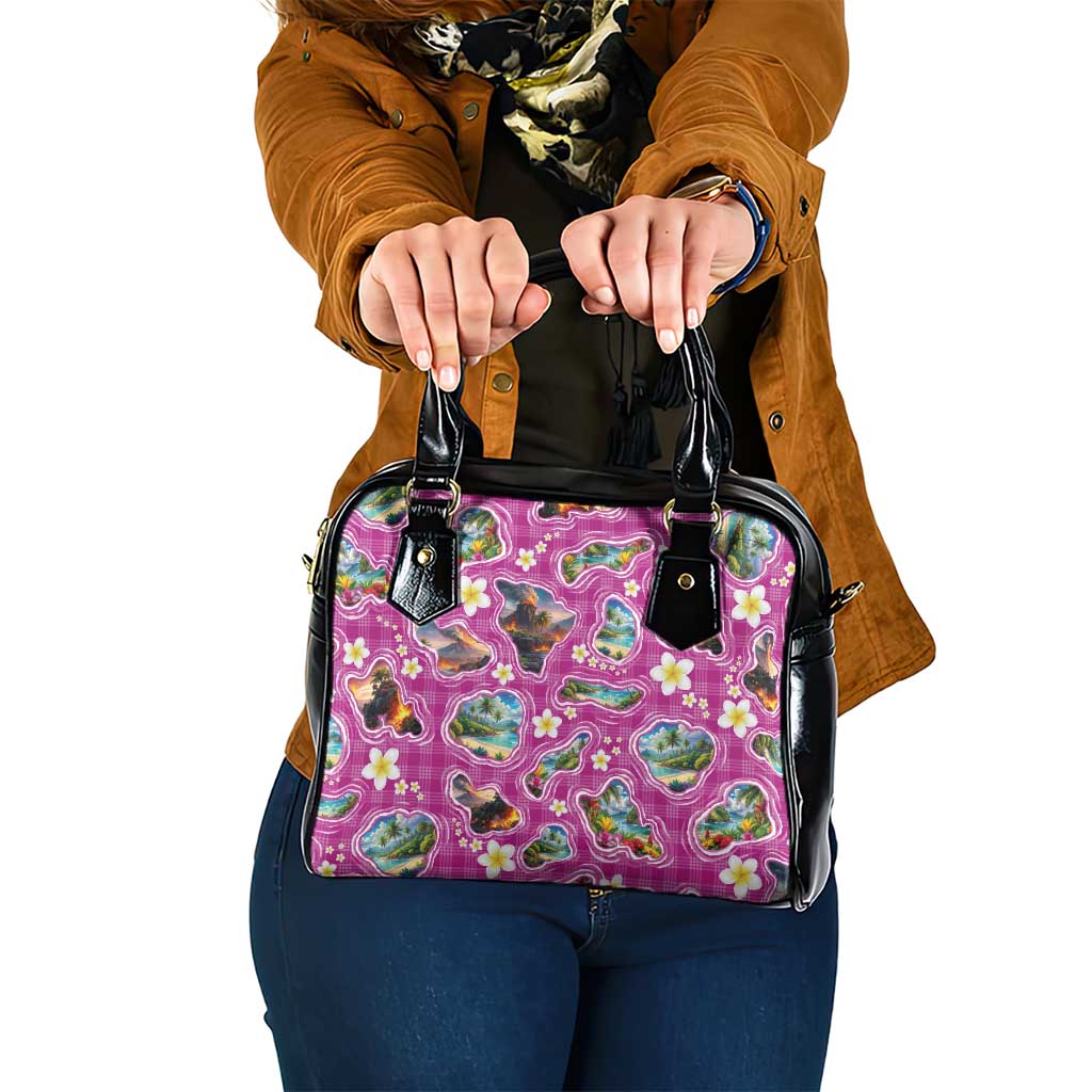 Hawaiian Island Shapes-Iconic Landscape Shoulder Handbag with Plumeria and Palaka Pink Color LT03 One Size Pink - Polynesian Pride