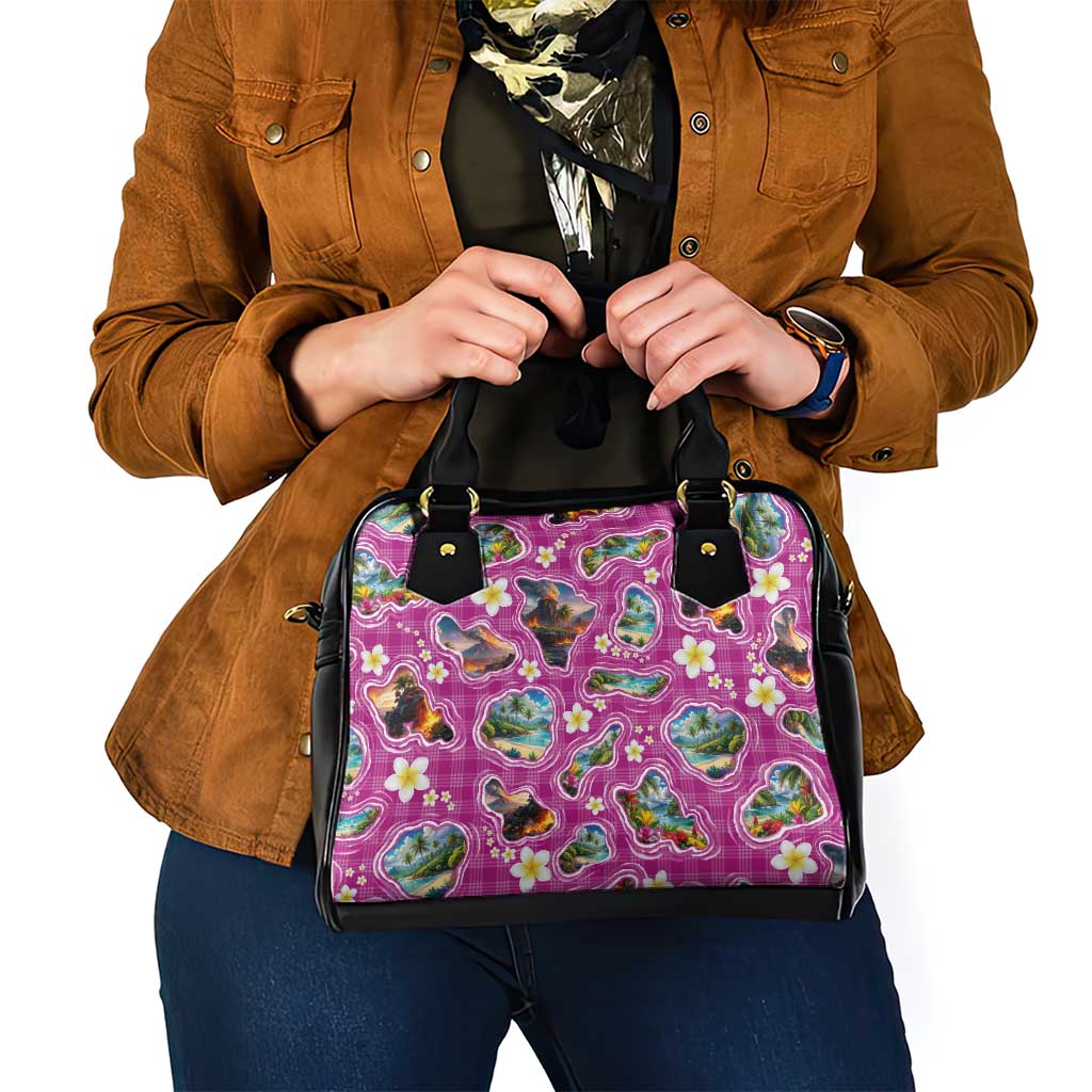 Hawaiian Island Shapes-Iconic Landscape Shoulder Handbag with Plumeria and Palaka Pink Color LT03 - Polynesian Pride