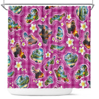 Hawaiian Island Shapes-Iconic Landscape Shower Curtain with Plumeria and Palaka Pink Color LT03 Pink - Polynesian Pride