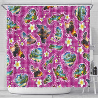 Hawaiian Island Shapes-Iconic Landscape Shower Curtain with Plumeria and Palaka Pink Color LT03 - Polynesian Pride