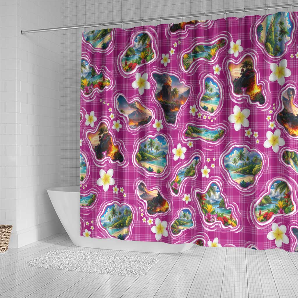 Hawaiian Island Shapes-Iconic Landscape Shower Curtain with Plumeria and Palaka Pink Color LT03 - Polynesian Pride
