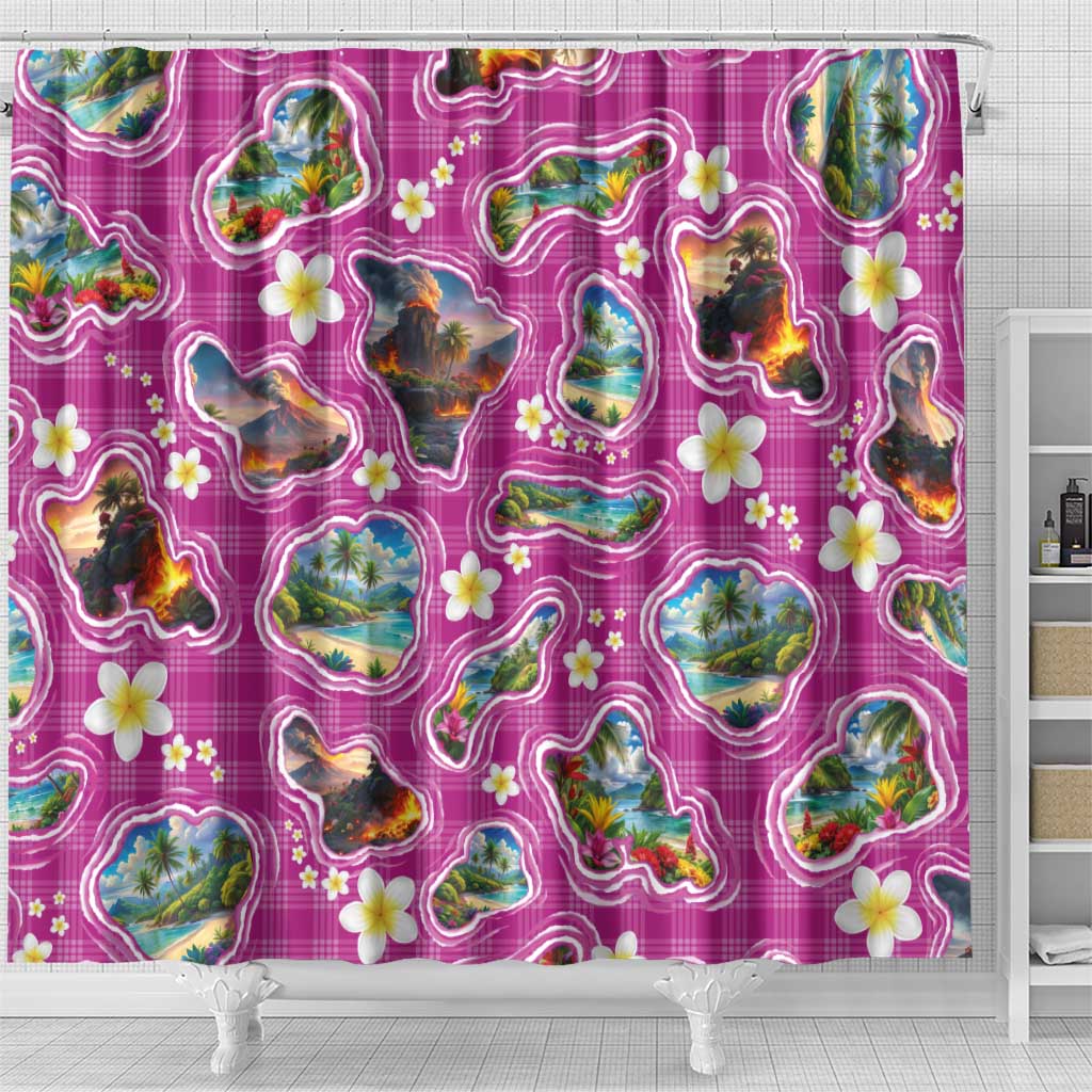 Hawaiian Island Shapes-Iconic Landscape Shower Curtain with Plumeria and Palaka Pink Color LT03 - Polynesian Pride