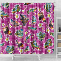 Hawaiian Island Shapes-Iconic Landscape Shower Curtain with Plumeria and Palaka Pink Color LT03 - Polynesian Pride
