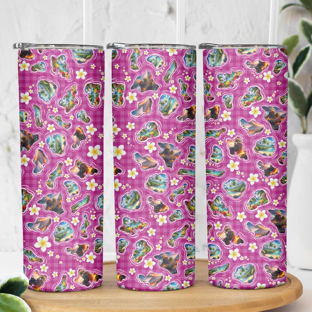 Hawaiian Island Shapes-Iconic Landscape Skinny Tumbler with Plumeria and Palaka Pink Color LT03 - Polynesian Pride
