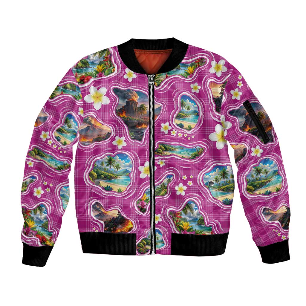 Hawaiian Island Shapes-Iconic Landscape Sleeve Zip Bomber Jacket with Plumeria and Palaka Pink Color LT03 Unisex Pink - Polynesian Pride