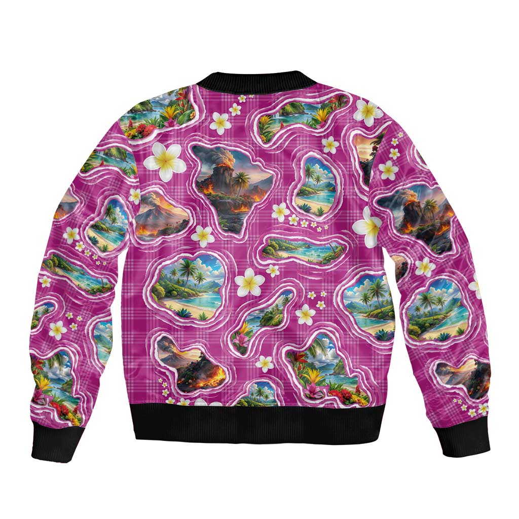 Hawaiian Island Shapes-Iconic Landscape Sleeve Zip Bomber Jacket with Plumeria and Palaka Pink Color LT03 - Polynesian Pride