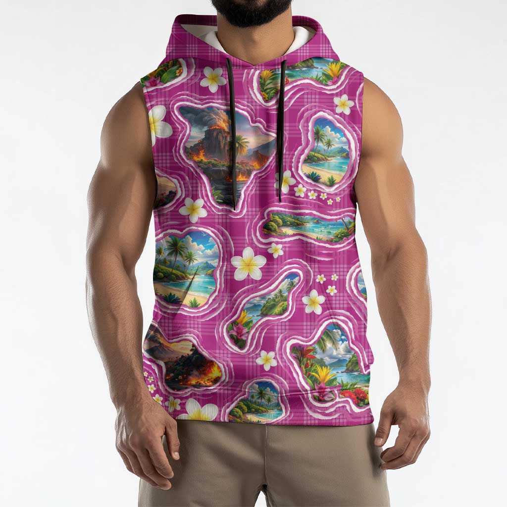 Hawaiian Island Shapes-Iconic Landscape Sleeveless Hoodie with Plumeria and Palaka Pink Color LT03 - Polynesian Pride