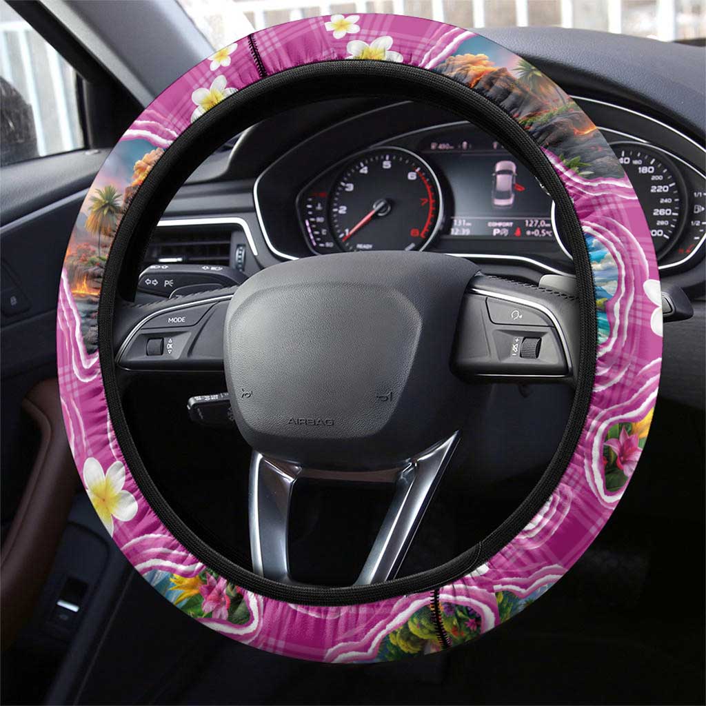 Hawaiian Island Shapes-Iconic Landscape Steering Wheel Cover with Plumeria and Palaka Pink Color LT03 - Polynesian Pride