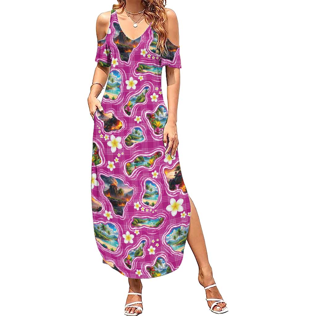 Hawaiian Island Shapes-Iconic Landscape Summer Maxi Dress with Plumeria and Palaka Pink Color LT03 Women Pink - Polynesian Pride