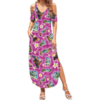 Hawaiian Island Shapes-Iconic Landscape Summer Maxi Dress with Plumeria and Palaka Pink Color LT03 Women Pink - Polynesian Pride