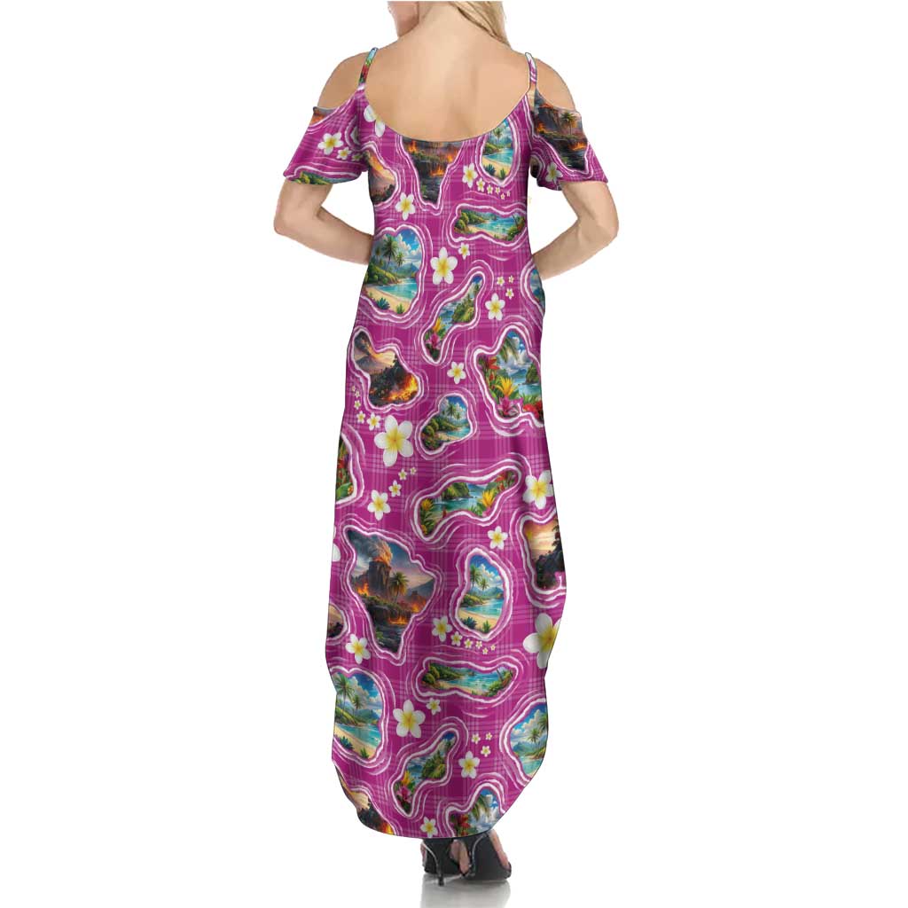 Hawaiian Island Shapes-Iconic Landscape Summer Maxi Dress with Plumeria and Palaka Pink Color LT03 - Polynesian Pride