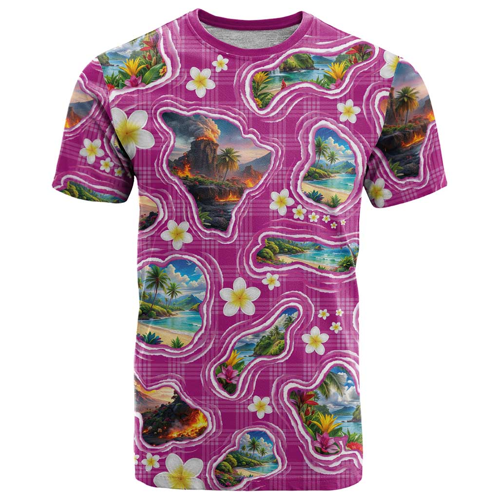 Hawaiian Island Shapes-Iconic Landscape T Shirt with Plumeria and Palaka Pink Color LT03 Pink - Polynesian Pride