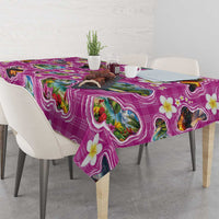 Hawaiian Island Shapes-Iconic Landscape Tablecloth with Plumeria and Palaka Pink Color