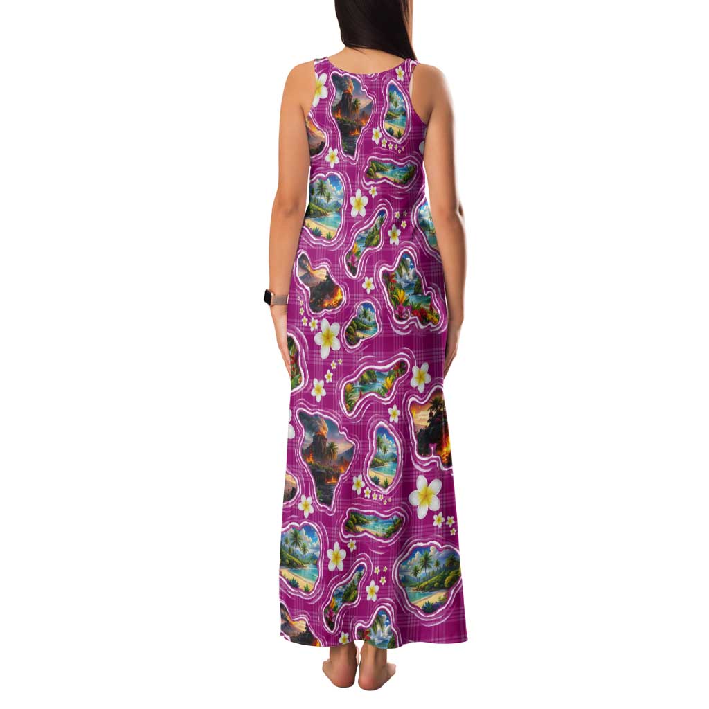 Hawaiian Island Shapes-Iconic Landscape Tank Maxi Dress with Plumeria and Palaka Pink Color LT03 - Polynesian Pride