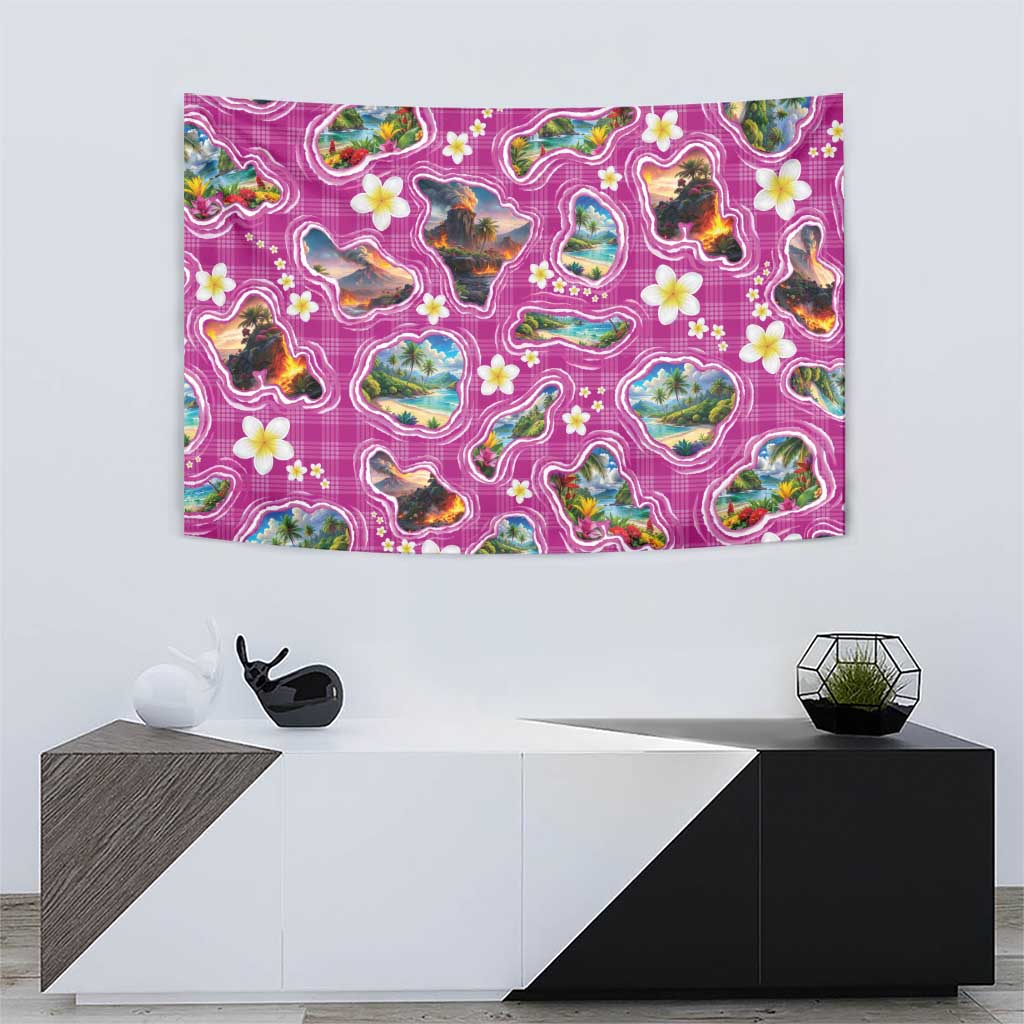 Hawaiian Island Shapes-Iconic Landscape Tapestry with Plumeria and Palaka Pink Color LT03 - Polynesian Pride