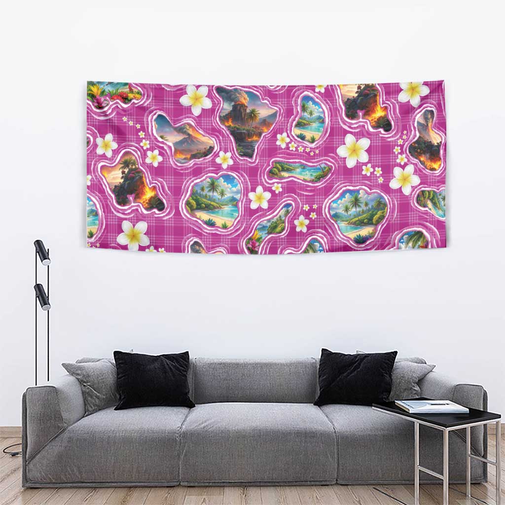 Hawaiian Island Shapes-Iconic Landscape Tapestry with Plumeria and Palaka Pink Color LT03 - Polynesian Pride