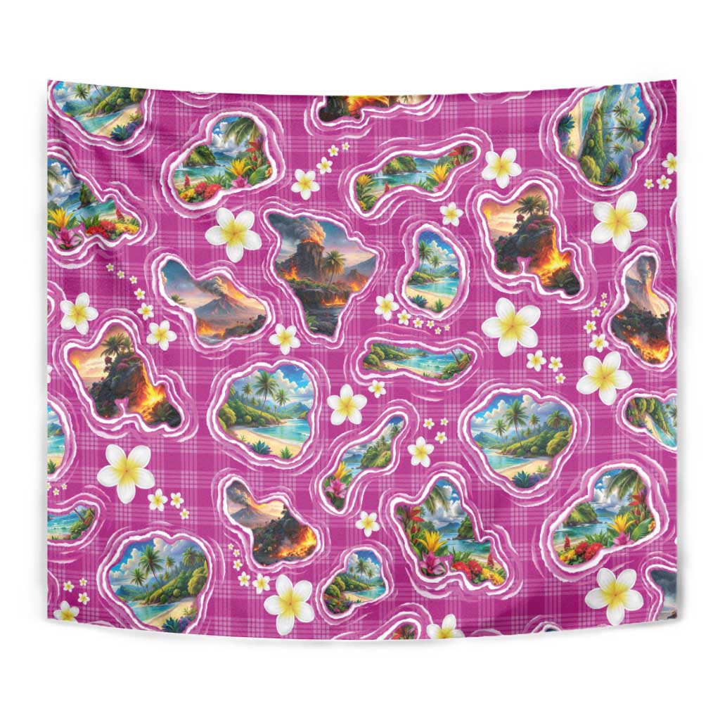 Hawaiian Island Shapes-Iconic Landscape Tapestry with Plumeria and Palaka Pink Color LT03 - Polynesian Pride