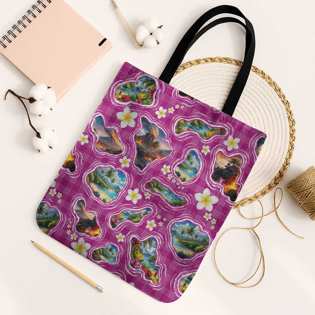 Hawaiian Island Shapes-Iconic Landscape Tote Bag with Plumeria and Palaka Pink Color LT03 Black Strap One Size Pink - Polynesian Pride