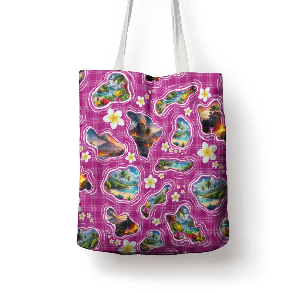 Hawaiian Island Shapes-Iconic Landscape Tote Bag with Plumeria and Palaka Pink Color LT03 - Polynesian Pride
