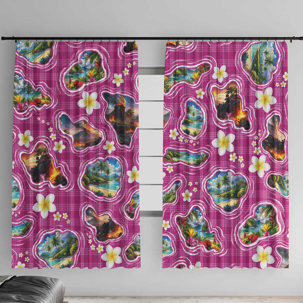 Hawaiian Island Shapes-Iconic Landscape Window Curtain with Plumeria and Palaka Pink Color LT03 With Hooks Pink - Polynesian Pride