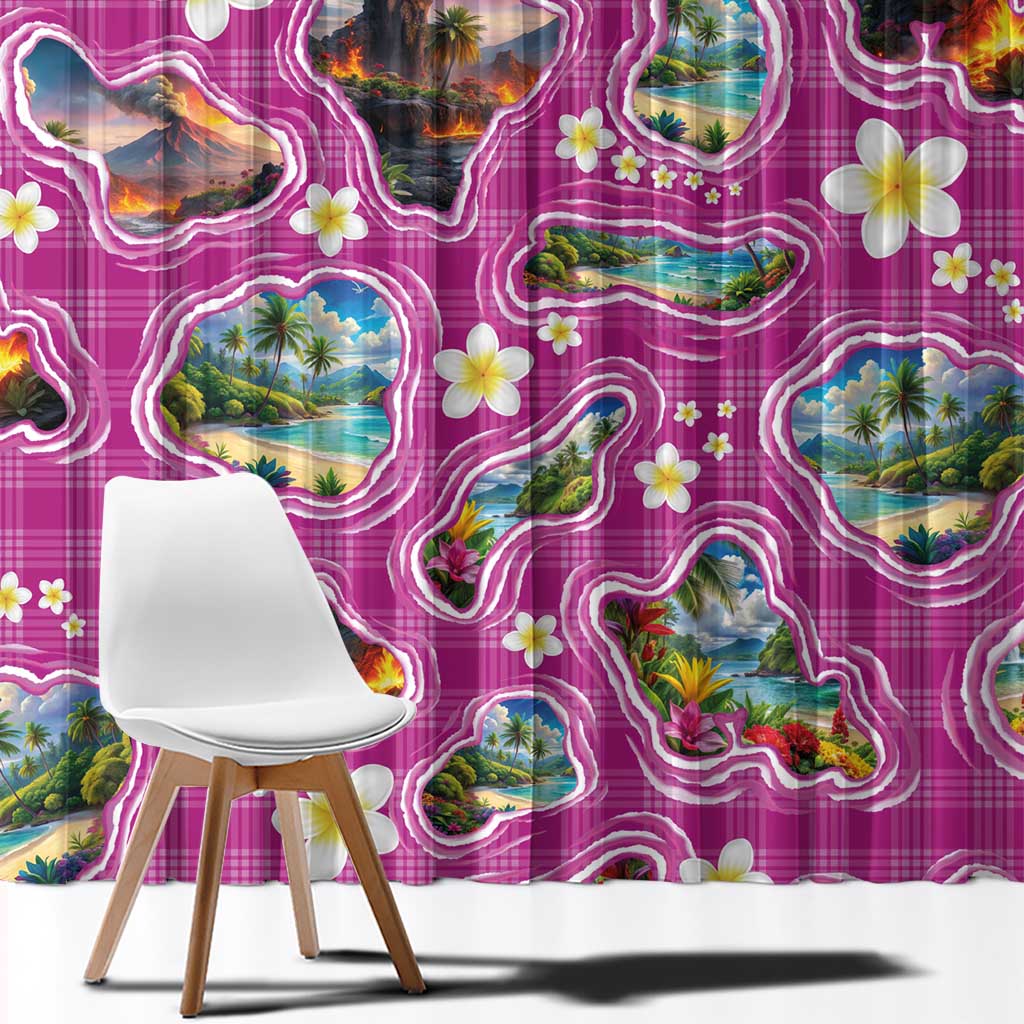 Hawaiian Island Shapes-Iconic Landscape Window Curtain with Plumeria and Palaka Pink Color LT03 - Polynesian Pride