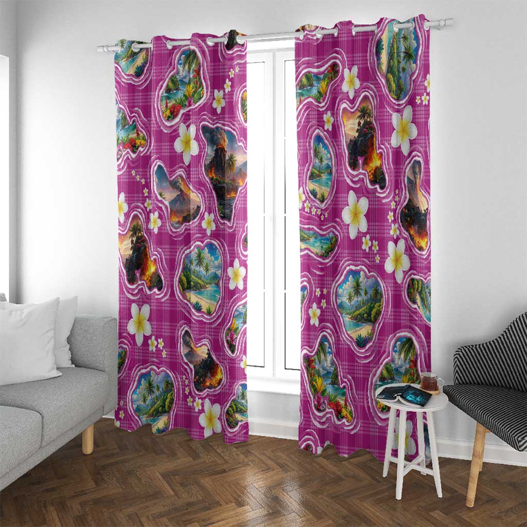 Hawaiian Island Shapes-Iconic Landscape Window Curtain with Plumeria and Palaka Pink Color LT03 With Grommets Pink - Polynesian Pride
