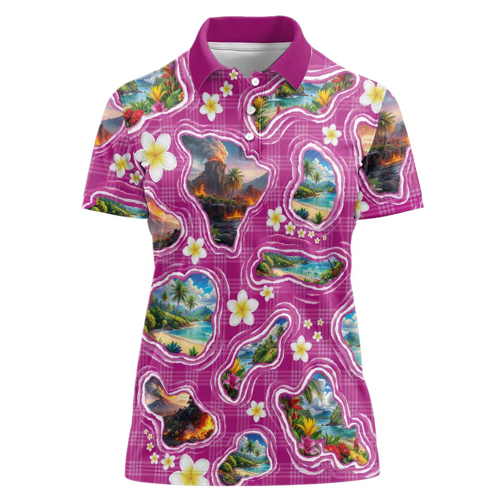 Hawaiian Island Shapes-Iconic Landscape Women Polo Shirt with Plumeria and Palaka Pink Color