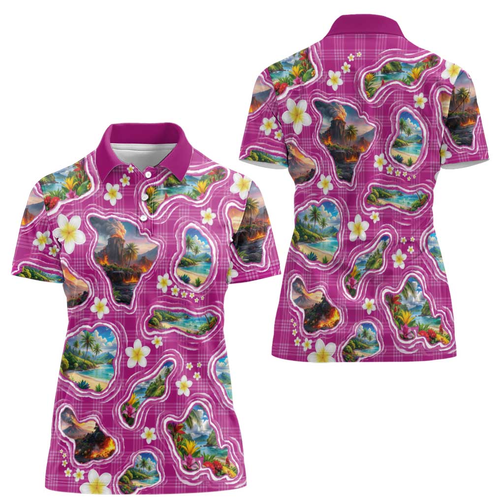 Hawaiian Island Shapes-Iconic Landscape Women Polo Shirt with Plumeria and Palaka Pink Color LT03 - Polynesian Pride