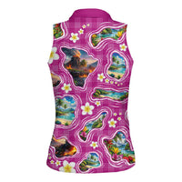 Hawaiian Island Shapes-Iconic Landscape Women Sleeveless Polo Shirt with Plumeria and Palaka Pink Color LT03 - Polynesian Pride
