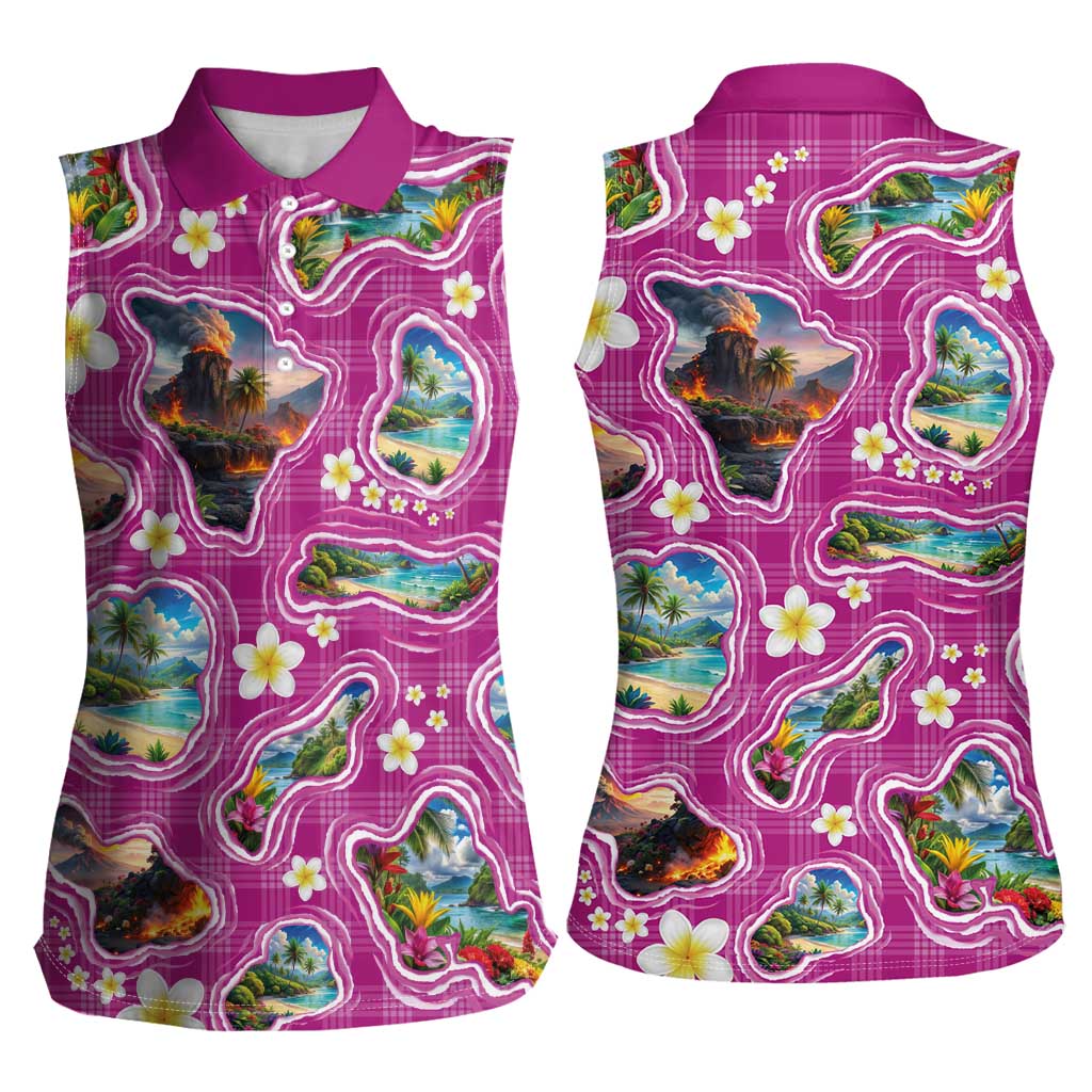 Hawaiian Island Shapes-Iconic Landscape Women Sleeveless Polo Shirt with Plumeria and Palaka Pink Color LT03 - Polynesian Pride