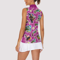 Hawaiian Island Shapes-Iconic Landscape Women Sleeveless Polo Shirt with Plumeria and Palaka Pink Color LT03 - Polynesian Pride