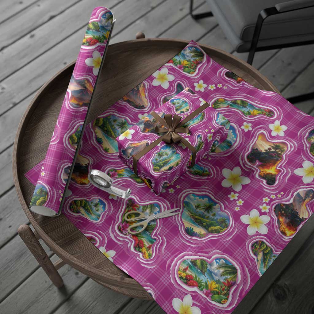Hawaiian Island Shapes-Iconic Landscape Wrapping Paper with Plumeria and Palaka Pink Color LT03 - Polynesian Pride