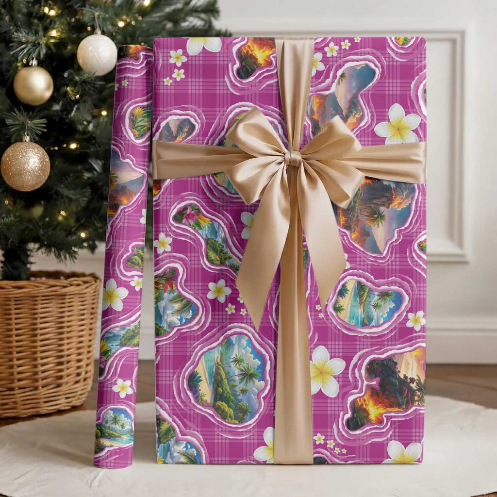 Hawaiian Island Shapes-Iconic Landscape Wrapping Paper with Plumeria and Palaka Pink Color LT03 - Polynesian Pride