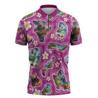 Hawaiian Island Shapes-Iconic Landscape Zipper Polo Shirt with Plumeria and Palaka Pink Color LT03 Pink - Polynesian Pride