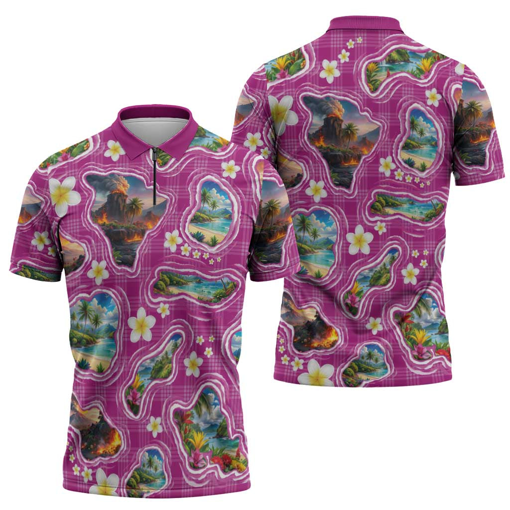 Hawaiian Island Shapes-Iconic Landscape Zipper Polo Shirt with Plumeria and Palaka Pink Color LT03 - Polynesian Pride