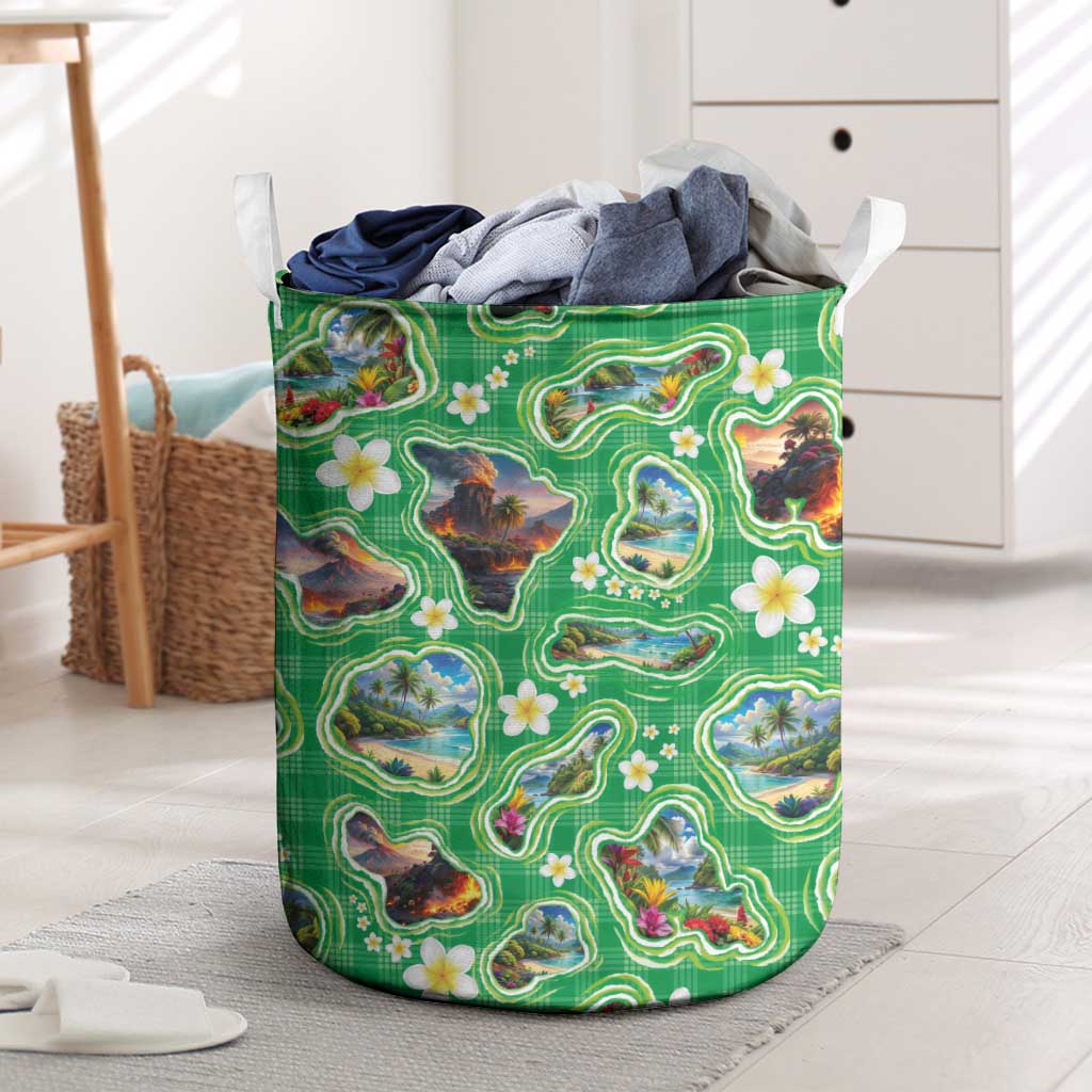 Hawaii Map with Plumeria Flower and Palaka Pattern Laundry Basket Tropical Island Green Design