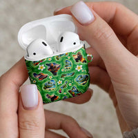 Hawaii Map with Plumeria Flower and Palaka Pattern AirPods Case Tropical Island Green Design